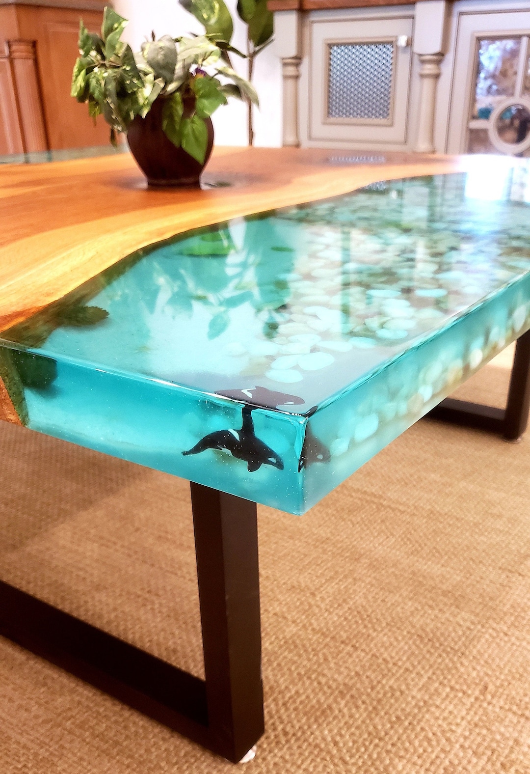 Usa-white Oak Blue Epoxy Ocean Tables. Shells Plants
