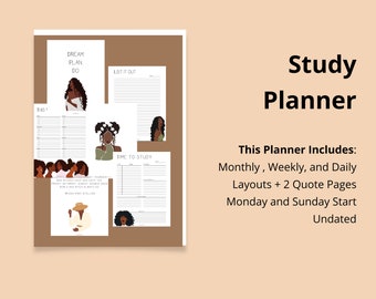 Printable Study Planner, Monthly, Weekly, Daily, Adult School Planner, Undated Planner, Student Planner, Black Girl Magic