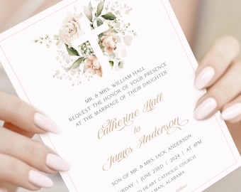 Christian Wedding Invitation Template, Floral Wedding Invitation Suite, Catholic Wedding Formal Invitation, Blush Pink Wedding Invite Suite