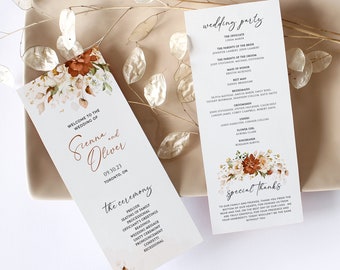 May include: Wedding ceremony programme cards featuring a floral design in shades of orange, white and brown. The cards include the names Sienna and Oliver, the date 09.30.23, and the location Toronto, ON. The cards also list the order of the ceremony.