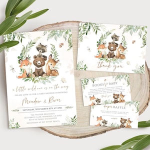 Woodland Baby Shower Invitation Boy - Woodland Creatures Baby Sprinkle Invitation-Woodland Animals Diaper Raffle Ticket- Books For Baby Card