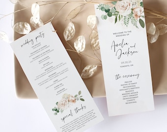 May include: Wedding ceremony program with a floral design featuring blush pink roses and greenery. The program includes the wedding party, the ceremony order, and a special thanks section. The text reads "Welcome to the wedding of Anelia and Jackson 09.30.23 Toronto, ON".