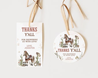 May include: Two thank you tags with a rustic western theme. The tags feature a brown horse with a saddle and a floral design. The text on the tags reads "Thanks Y'all" and "For showering us with love! Love, Jennifer".
