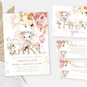 PINK ELEPHANT Baby Shower Invitation Template Set, Its a Girl Baby Shower Evite Bundle, Girl Baby Shower Invite, Diaper Raffle Ticket, Corjl