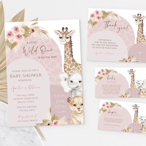 Boho Girl Safari Baby Shower Invitation Pampas Grass, Wild one invite, Jungle baby shower, Pink Elephant Boho Baby Shower Evite BS10