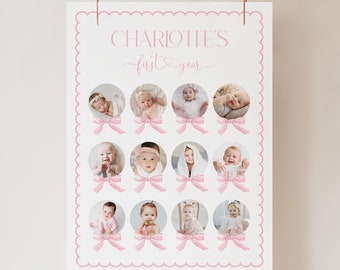 Puede incluir: Un póster blanco con un borde rosa festoneado y el texto "CHARLOTTE'S first heart year" en escritura rosa. El póster presenta doce fotos circulares de una niña pequeña a diferentes edades, cada foto está rodeada de un lazo rosa.