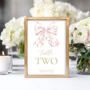 Pink Bow TABLE NUMBER Template, Baptism Table Numbers, First Communion Printable Table Numbers 5x7 & 4x6, Christening Table Numbers BT12