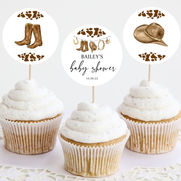 LITTLE COWBOY -Baby Shower Cupcake Toppers| Editable Wild West Baby Shower Cupcake Toppers, Western Printable Cowboy Baby Shower Decor BS01