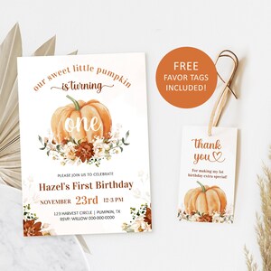 Editable Pumpkin 1st Birthday Invitation, Fall Birthday Invitation Template, Gift Tags editable template, Pumpkin First Birthday Invitation