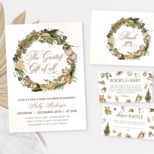 Winter Boho Baby Shower Invitation Bundle, Winter Baby Shower Bundle, Christmas Baby Shower Evite, Diaper Raffle Ticket Invitation Template