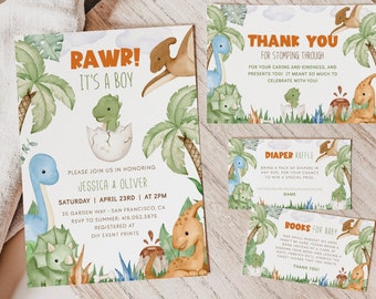 DINOSAUR Baby Shower Bundle, Dino Baby Shower Evite Invitation Templates, Diaper Raffle Ticket, Boy Dinosaur Invitation, Dinosaur Party BS93