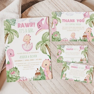 DINOSAUR Baby Shower Bundle, Dino Baby Shower Evite Invitation Templates, Diaper Raffle Ticket, Girl Dinosaur Invitation Dinosaur Party BS94