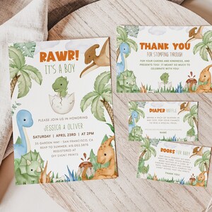 DINOSAUR Baby Shower Bundle, Dino Baby Shower Evite Invitation Templates, Diaper Raffle Ticket, Boy Dinosaur Invitation, Dinosaur Party BS93