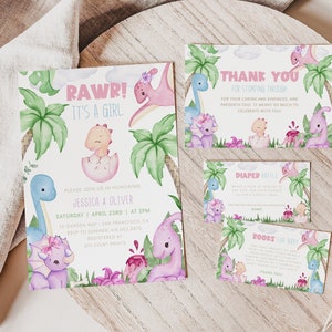 DINOSAUR Baby Shower Bundle, Dino Baby Shower Evite Invitation Templates, Diaper Raffle Ticket, Girl Dinosaur Invitation Dinosaur Party BS96