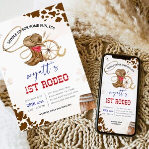 FIRST RODEO Invitation Template | Printable Wild West Birthday Invite, Boy Cowboy Birthday Invitation, Editable My 1st Rodeo Invitation BD02