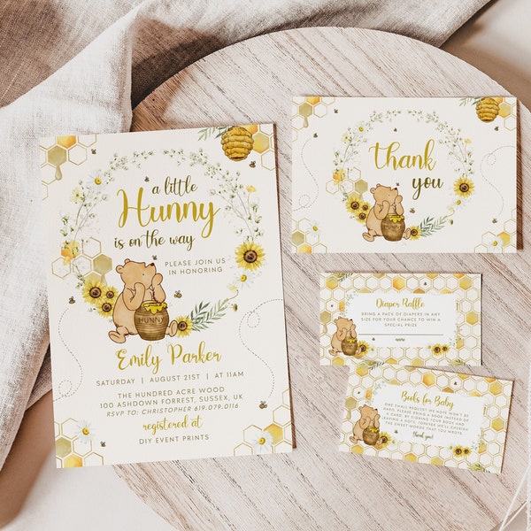 Classic Winnie The Pooh Baby Shower Invitation Template Set, Editable Winnie The Pooh Invitation,Winnie The Pooh Party Bee Baby Shower BS101