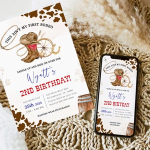 2ND RODEO Birthday Invitation Template, Little Cowboy is Two Wild West 2nd Birthday Invite, This Ain't My First Rodeo Cowboy Birthday BD02