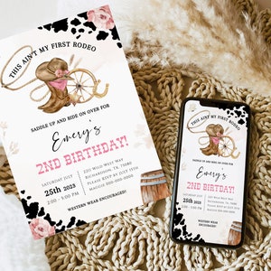 2ND RODEO Birthday Invitation Template, little Cowgirl is Two Wild West 2nd Birthday Invite, This Ain&#39;t My First Rodeo Cowboy Birthday BD03