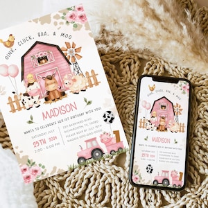 Farm Animals FARM BIRTHDAY Invitation Template, Editable Barnyard Birthday Invite,Pink Barn Cow Birthday Invitation Farm Birthday Party BD36