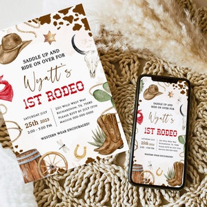 FIRST RODEO Invitation Template | Printable Wild West Birthday Invite, Boy Cowboy Birthday Invitation, Editable My 1st Rodeo Invitation BD04