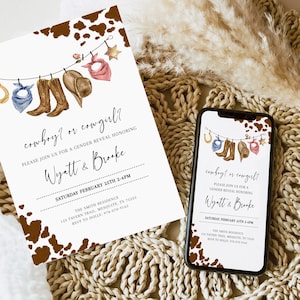 GENDER REVEAL Invitation, Cowboy or Cowgirl Gender Reveal Evite, Boy or Girl Wild West Baby Shower Invite, Country Western Sprinkle GR02