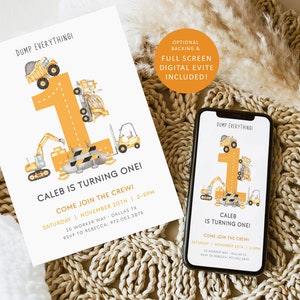 CONSTRUCTION Birthday Party Editable Invitation, 1st Birthday Construction Invitation Instant Download, First Birthday Invitation Evite BD21