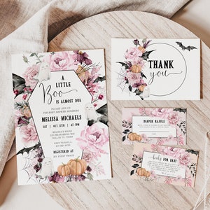 Pink HALLOWEEN Baby Shower Evite & Invitation Template, Bats Pastel Halloween Little Boo Halloween Invitation Baby Shower Bundle BS89