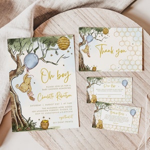 Classic Winnie The Pooh Baby Shower Invitation Template Set, Editable Winnie The Pooh Invitation,Winnie The Pooh Party Bee Baby Shower BS102
