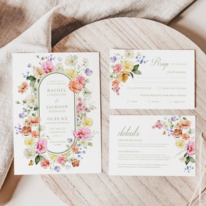 Garden Flowers Wedding Invitation Template Set, Wildflower Wedding Invite Digital Wedding Invitation, Floral Wedding Invitation Suite WED8