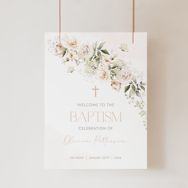 BAPTISM Invitation WELCOME Sign Template, First Communion Welcome Sign, Baptism Welcome Sign, Floral Girl Christening, Welcome Sign BT3