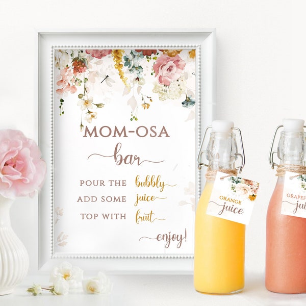 Baby in Bloom MIMOSA Bar Sign & Juice Labels Set, Baby Brunch Bubbly Bar Sign, Garden Baby Shower Momosa Bar Sign Baby Shower Signage BS06