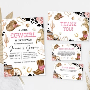 LITTLE COWGIRL Editable Baby Shower Invitation Template Set, Printable Wild West Baby Shower Invite Bundle, Country Western Sprinkle BS84