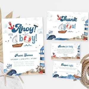 Editable NAUTICAL Baby Shower Invitation Template Set, Printable Ahoy Its A Boy Baby Shower Evite Bundle,  Ocean Boy Baby Shower Invite BS76