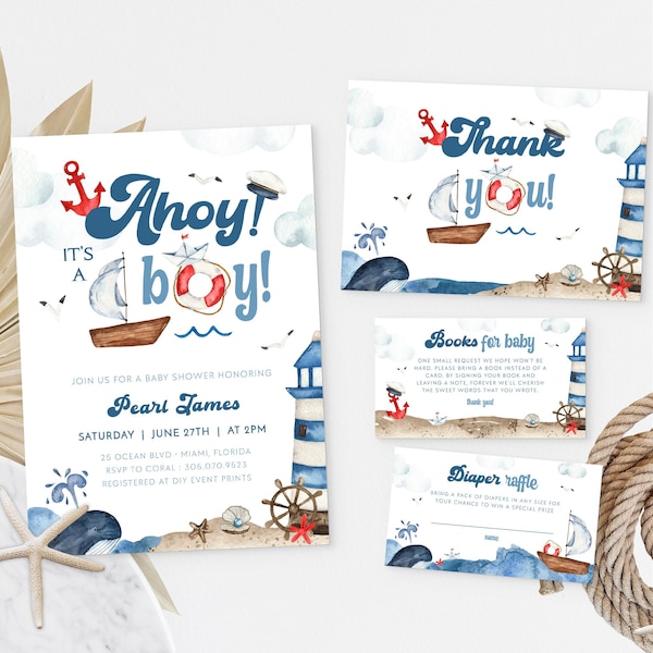 Editable NAUTICAL Baby Shower Invitation Template Set, Printable Ahoy Its A Boy Baby Shower Evite Bundle,  Ocean Boy Baby Shower Invite BS76