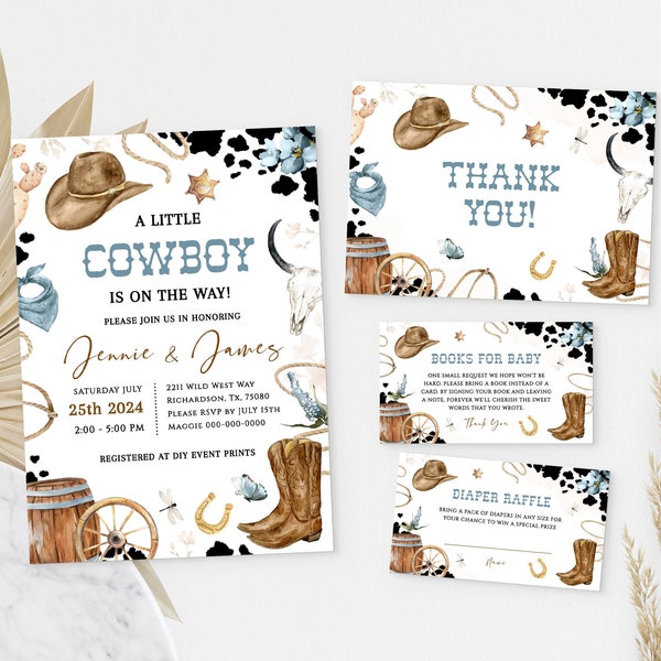 LITTLE COWBOY Editable Baby Shower Invitation Template Set, Printable Wild West Baby Shower Invite Bundle, Country Western Sprinkle BS83