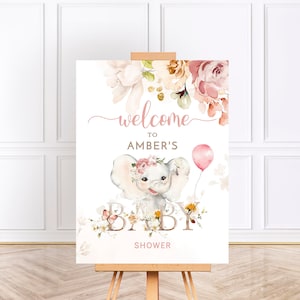 PINK ELEPHANT Baby Shower Welcome Sign, Pink Floral Elephant Baby Shower Decor, Girl Baby Shower Signage, Gold and Pink Party Decorations