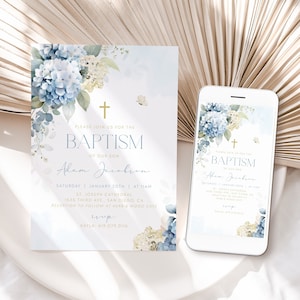 Boy BAPTISM Invitation, First Communion Invitation Template, Baby Blue Christening Evite Digital Invitation, Editable Invitation Suite BT10