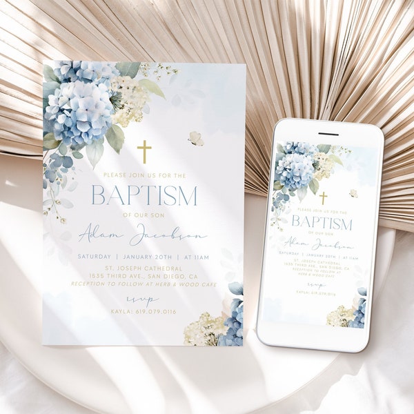 Boy BAPTISM Invitation, First Communion Invitation Template, Baby Blue Christening Evite Digital Invitation, Editable Invitation Suite BT10