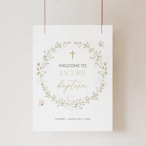 Boy BAPTISM Invitation WELCOME Sign Template, First Communion, Baptism Welcome Sign, Floral Girl Christening, Baby Boy Baptism Sign BT4