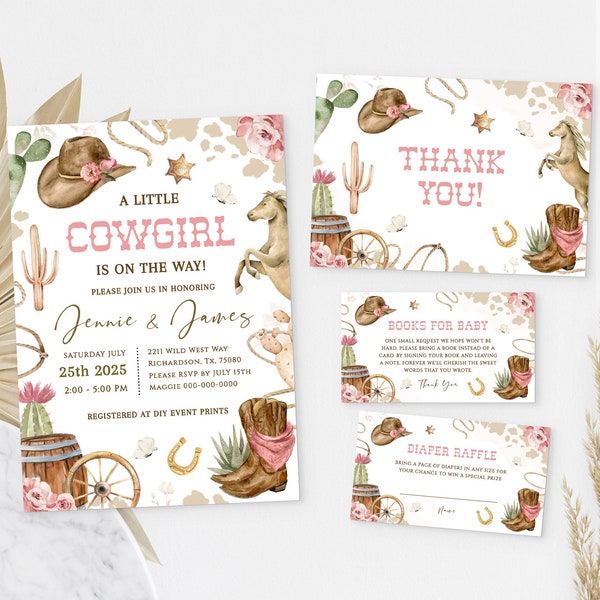 LITTLE COWGIRL Editable Baby Shower Invitation Template Set, Printable Wild West Baby Shower Invite Bundle, Country Western Sprinkle BS85
