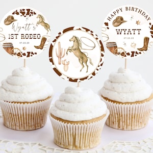 My FIRST RODEO Cupcake Topper Template, Western Editable First Birthday Cupcake Toppers, Printable Cowboy Birthday Decor Cake Topper BD01