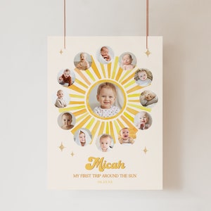 First Trip Around The Sun First Birthday Photo Sign, You Are My Sunshine Baby's First Year Photo Collage, Baby Milestones Board BD23
