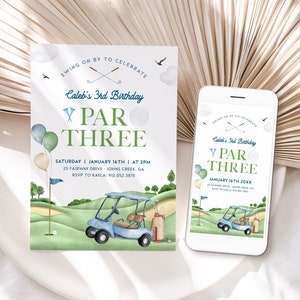 GOLF 3rd Birthday Invitation Template, Par Three Third Birthday Digital Invitation Birthday Invite, Editable Golf Birthday Party Invite BD41
