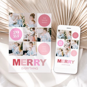 Photo CHRISTMAS CARD Template, Merry Christmas Cards Editable Template, Modern Pink Christmas Holiday Cards, Digital Christmas Card CC4