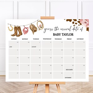 Guess The Due Date Calendar Template, Cowgirl Baby Shower Signage, Western Baby Shower Activity, Wild West Baby Shower Games BS04