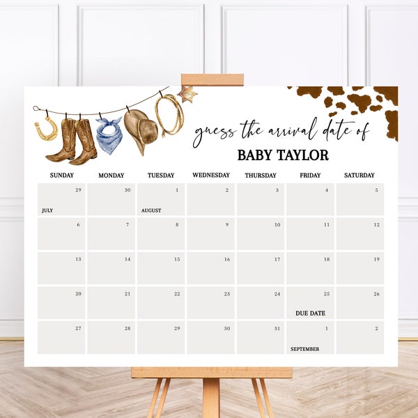 Guess The Due Date Calendar Template, Cowboy Baby Shower Signage, Western Baby Shower Activity, Wild West Baby Shower Games BS02