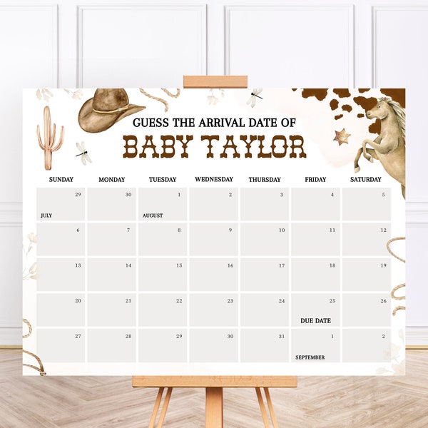 Guess The Due Date Calendar Template, Cowboy Baby Shower Signage, Western Baby Shower Activity, Wild West Baby Shower Games BS75