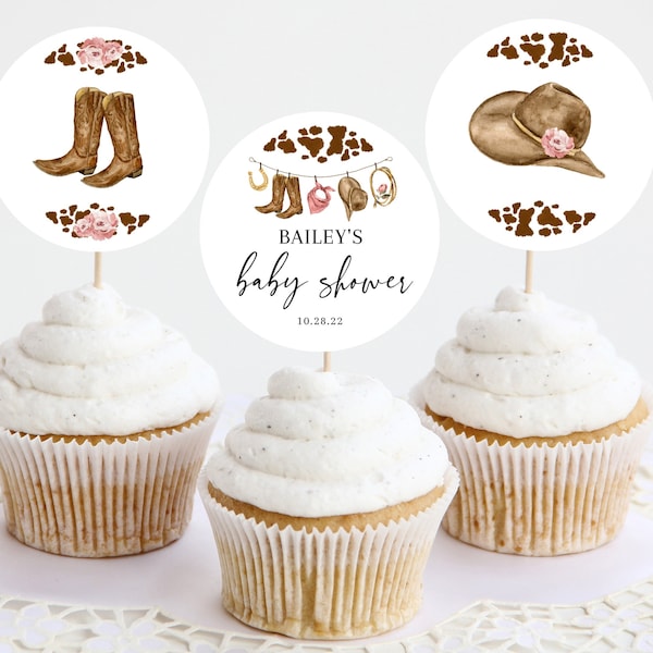 LITTLE COWGIRL Baby Shower Cupcake Toppers, Editable Wild West Baby Shower Cupcake Toppers, Western Printable Cowboy Baby Shower Decor BS04