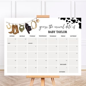 Guess The Due Date Calendar Template, Cowboy Baby Shower Signage, Western Baby Shower Activity, Wild West Baby Shower Games BS03