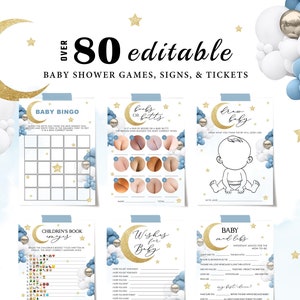 MOON and STARS Printable Baby Shower Games, Twinkle Twinkle Little Star Baby Shower Games Bundle, Baby Shower Signs, Blue Baby Shower Games